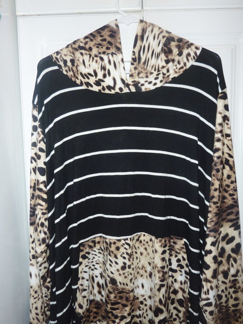 NWT Volle' Black White Stripe Leopard Accent Hoodie Hooded Shirt 5XL